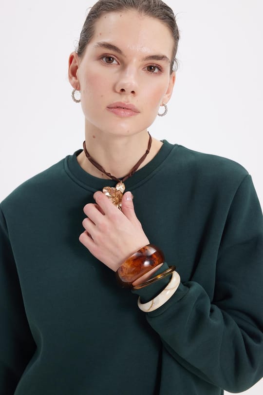 Kadın Oversize Geniş Kesim Pamuklu 3 İplik İçi Polarlı Basic Yeşil Bisiklet Yaka Sweatshirt