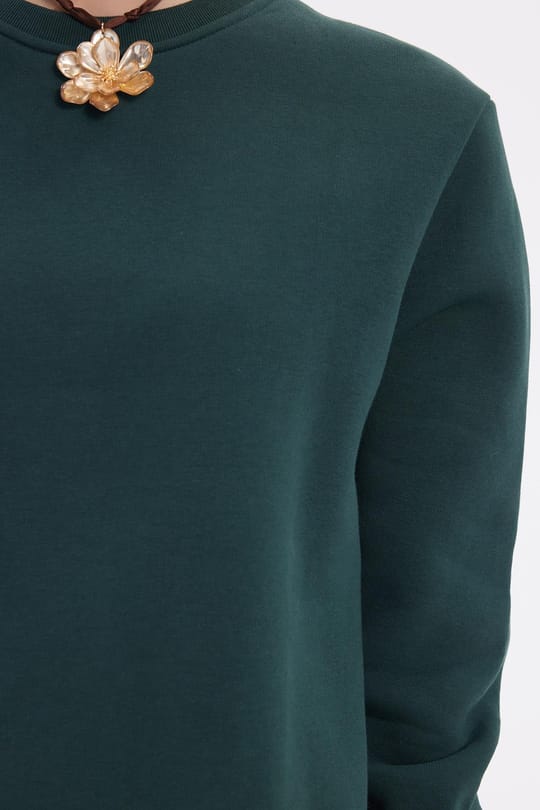 Kadın Oversize Geniş Kesim Pamuklu 3 İplik İçi Polarlı Basic Yeşil Bisiklet Yaka Sweatshirt