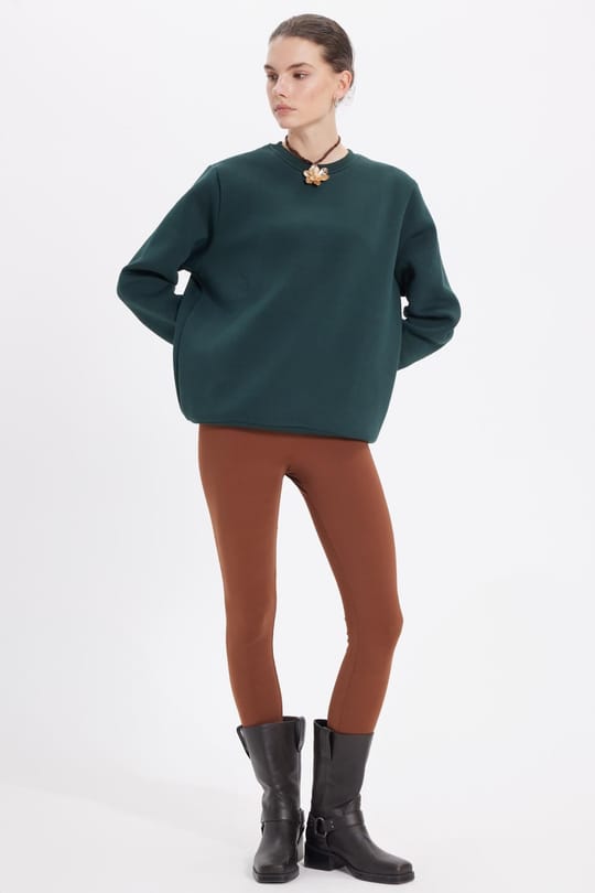 Kadın Oversize Geniş Kesim Pamuklu 3 İplik İçi Polarlı Basic Yeşil Bisiklet Yaka Sweatshirt
