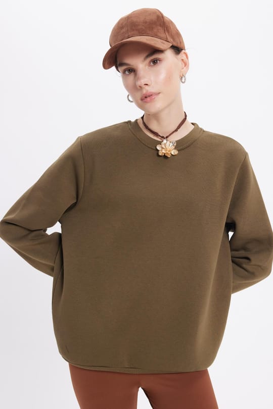 Kadın Oversize Geniş Kesim Pamuklu 3 İplik İçi Polarlı Basic Yeşil Bisiklet Yaka Sweatshirt