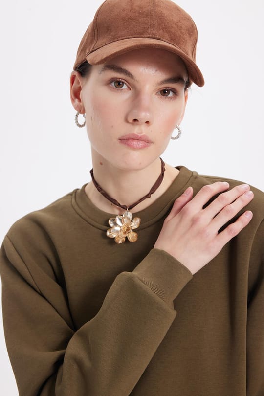 Kadın Oversize Geniş Kesim Pamuklu 3 İplik İçi Polarlı Basic Yeşil Bisiklet Yaka Sweatshirt