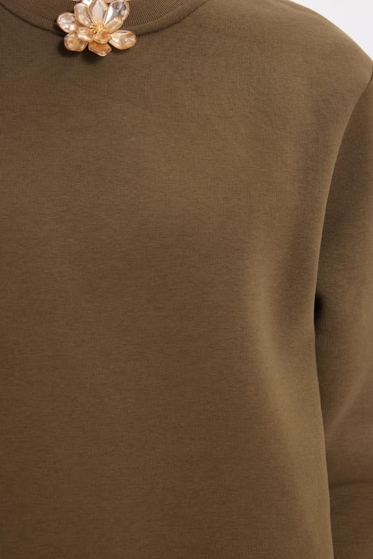 Kadın Oversize Geniş Kesim Pamuklu 3 İplik İçi Polarlı Basic Yeşil Bisiklet Yaka Sweatshirt