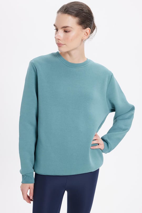 Kadın Oversize Geniş Kesim Pamuklu 3 İplik İçi Polarlı Basic Petrol Rengi Bisiklet Yaka Sweatshirt