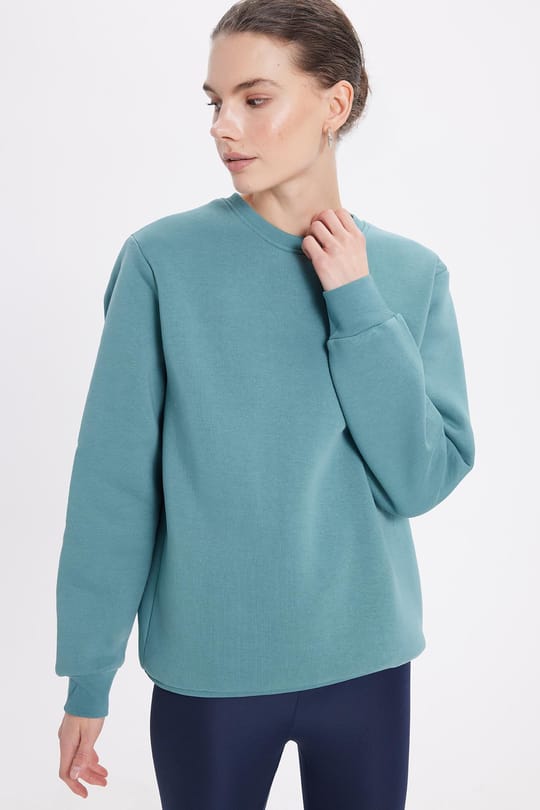Kadın Oversize Geniş Kesim Pamuklu 3 İplik İçi Polarlı Basic Petrol Rengi Bisiklet Yaka Sweatshirt