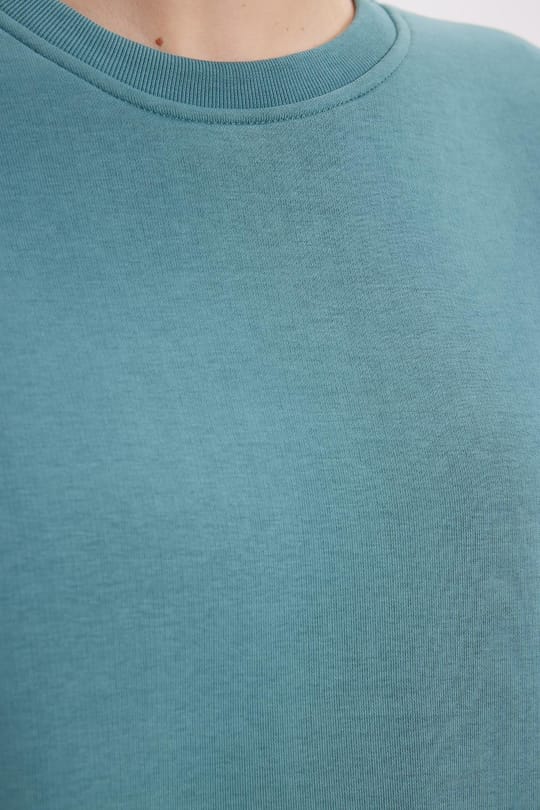 Kadın Oversize Geniş Kesim Pamuklu 3 İplik İçi Polarlı Basic Petrol Rengi Bisiklet Yaka Sweatshirt