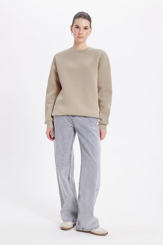 Kadın Oversize Geniş Kesim Pamuklu 3 İplik İçi Polarlı Basic Taş Bisiklet Yaka Sweatshirt