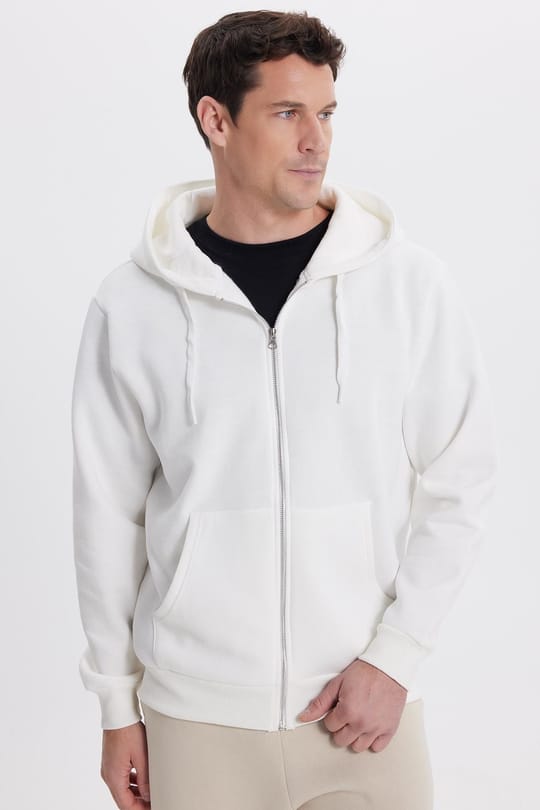 Unisex Relax Fit Rahat Kesim Pamuklu İçi Polarlı Çift Cepli Tam Fermuarlı Beyaz Kapüşonlu Sweatshirt