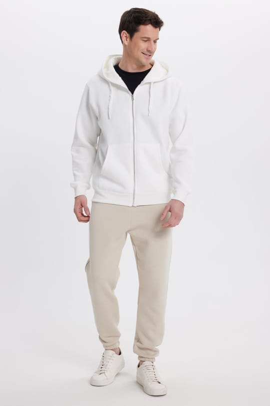Unisex Relax Fit Rahat Kesim Pamuklu İçi Polarlı Çift Cepli Tam Fermuarlı Beyaz Kapüşonlu Sweatshirt