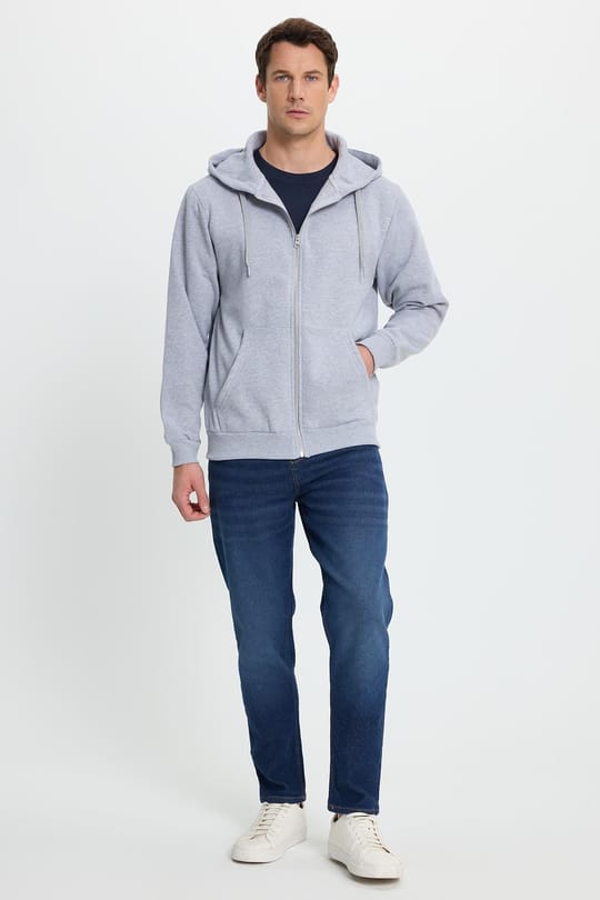 Unisex Relax Fit Rahat Kesim Pamuklu İçi Polarlı Çift Cepli Tam Fermuarlı Gri Kapüşonlu Sweatshirt
