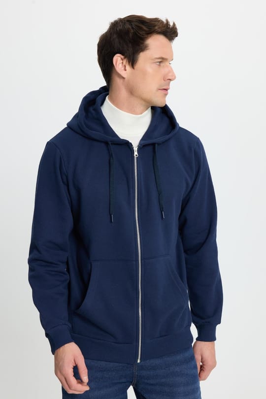 Unisex Relax Fit Rahat Kesim Pamuklu İçi Polarlı Çift Cepli Tam Fermuarlı Lacivert Kapüşonlu Sweatshirt