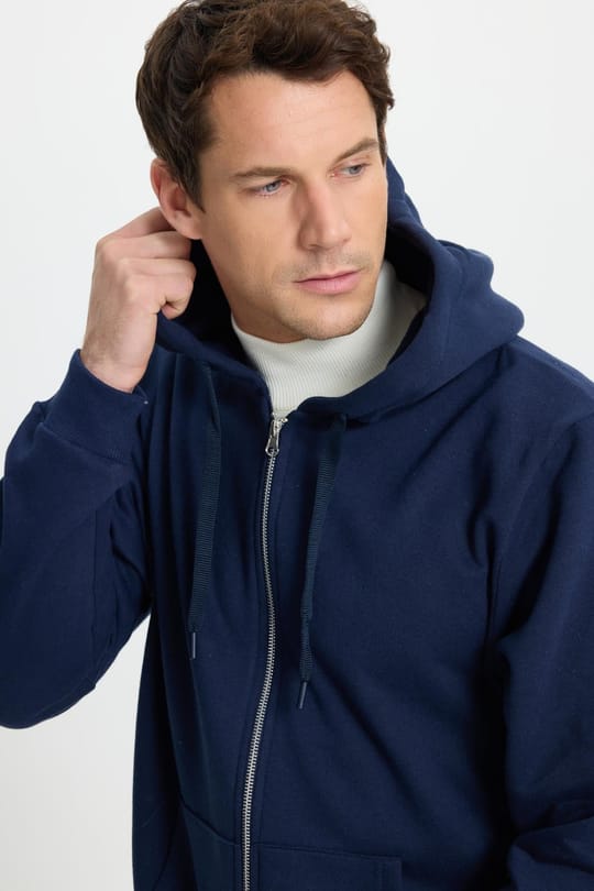 Unisex Relax Fit Rahat Kesim Pamuklu İçi Polarlı Çift Cepli Tam Fermuarlı Lacivert Kapüşonlu Sweatshirt