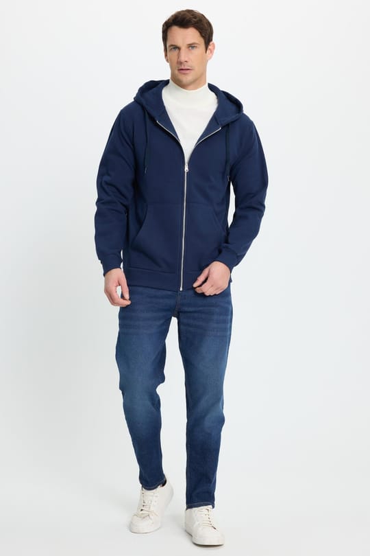 Unisex Relax Fit Rahat Kesim Pamuklu İçi Polarlı Çift Cepli Tam Fermuarlı Lacivert Kapüşonlu Sweatshirt
