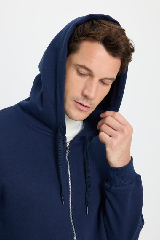Unisex Relax Fit Rahat Kesim Pamuklu İçi Polarlı Çift Cepli Tam Fermuarlı Lacivert Kapüşonlu Sweatshirt