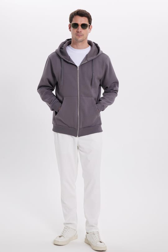 Unisex Relax Fit Rahat Kesim Pamuklu İçi Polarlı Çift Cepli Tam Fermuarlı Gri Kapüşonlu Sweatshirt