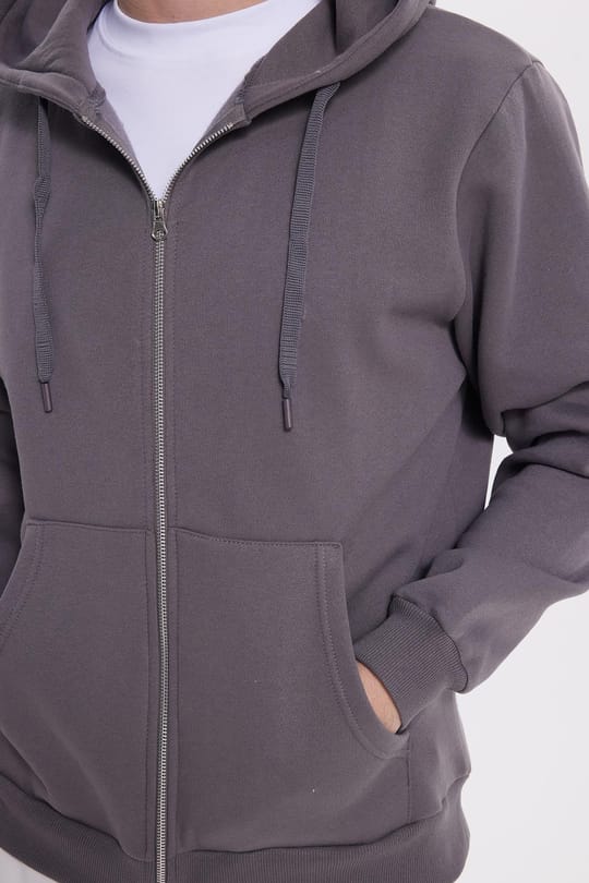 Unisex Relax Fit Rahat Kesim Pamuklu İçi Polarlı Çift Cepli Tam Fermuarlı Gri Kapüşonlu Sweatshirt