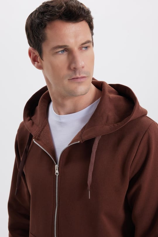 Unisex Relax Fit Rahat Kesim Pamuklu İçi Polarlı Çift Cepli Tam Fermuarlı Kahverengi Kapüşonlu Sweatshirt