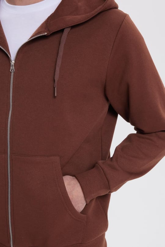 Unisex Relax Fit Rahat Kesim Pamuklu İçi Polarlı Çift Cepli Tam Fermuarlı Kahverengi Kapüşonlu Sweatshirt