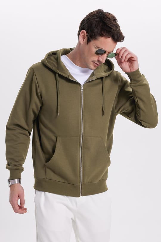 Unisex Relax Fit Rahat Kesim Pamuklu İçi Polarlı Çift Cepli Tam Fermuarlı Haki Kapüşonlu Sweatshirt