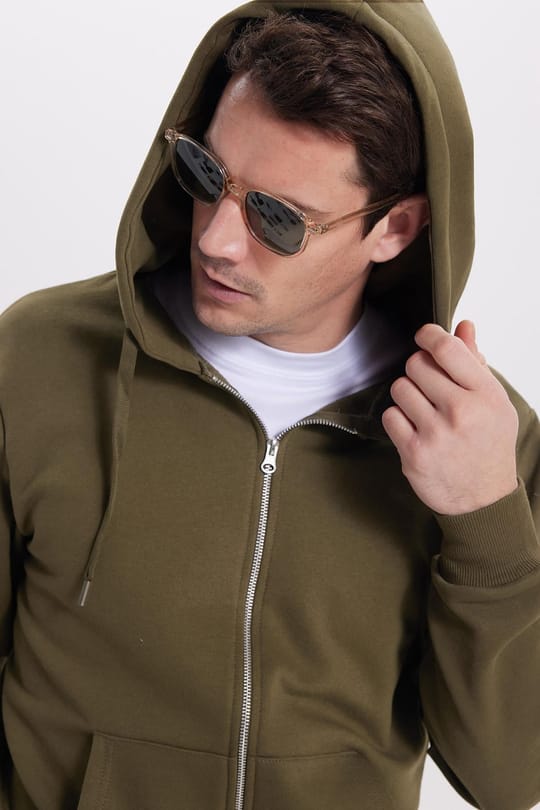 Unisex Relax Fit Rahat Kesim Pamuklu İçi Polarlı Çift Cepli Tam Fermuarlı Haki Kapüşonlu Sweatshirt