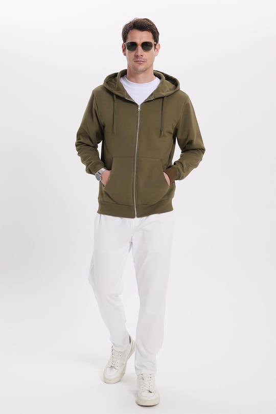 Unisex Relax Fit Rahat Kesim Pamuklu İçi Polarlı Çift Cepli Tam Fermuarlı Haki Kapüşonlu Sweatshirt