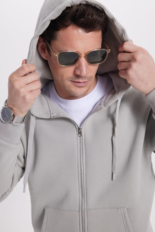 Unisex Relax Fit Rahat Kesim Pamuklu İçi Polarlı Çift Cepli Tam Fermuarlı Taş Kapüşonlu Sweatshirt