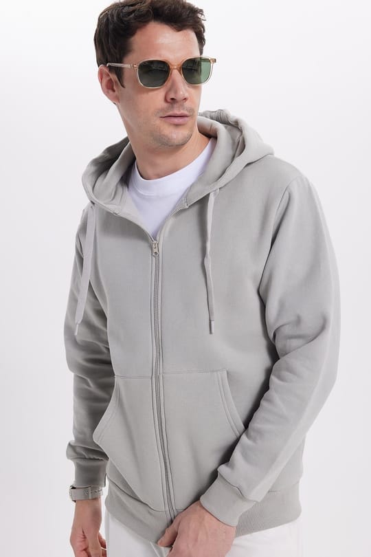 Unisex Relax Fit Rahat Kesim Pamuklu İçi Polarlı Çift Cepli Tam Fermuarlı Taş Kapüşonlu Sweatshirt