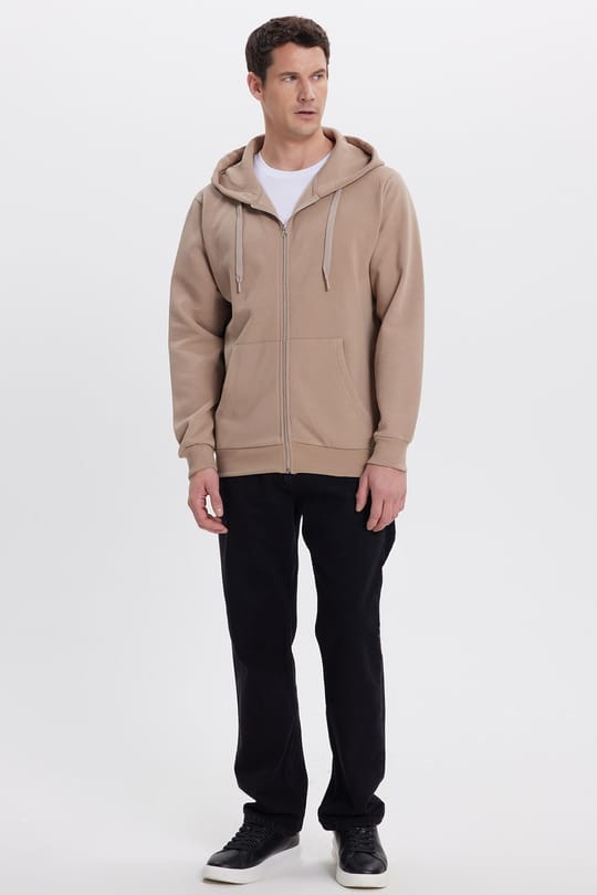 Unisex Relax Fit Rahat Kesim Pamuklu İçi Polarlı Çift Cepli Tam Fermuarlı Kahverengi Kapüşonlu Sweatshirt