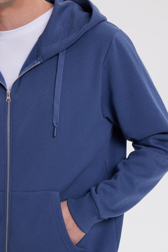 Unisex Relax Fit Rahat Kesim Pamuklu İçi Polarlı Çift Cepli Tam Fermuarlı İndigo Kapüşonlu Sweatshirt