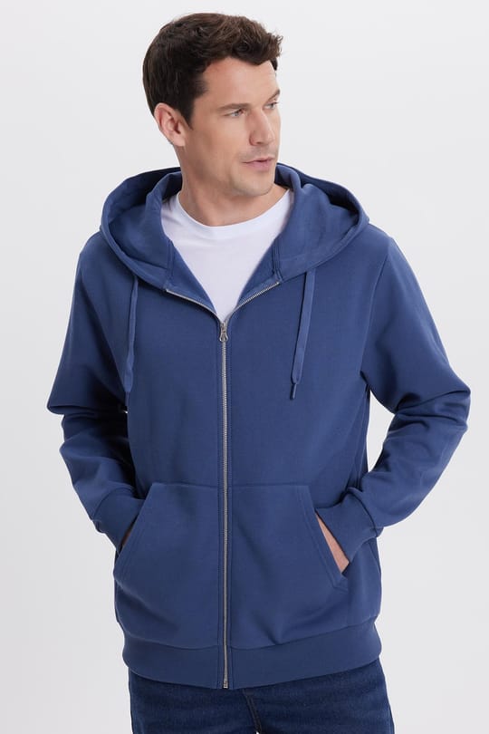 Unisex Relax Fit Rahat Kesim Pamuklu İçi Polarlı Çift Cepli Tam Fermuarlı İndigo Kapüşonlu Sweatshirt