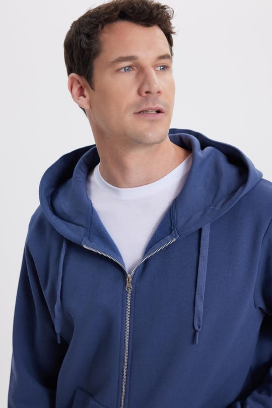 Unisex Relax Fit Rahat Kesim Pamuklu İçi Polarlı Çift Cepli Tam Fermuarlı İndigo Kapüşonlu Sweatshirt