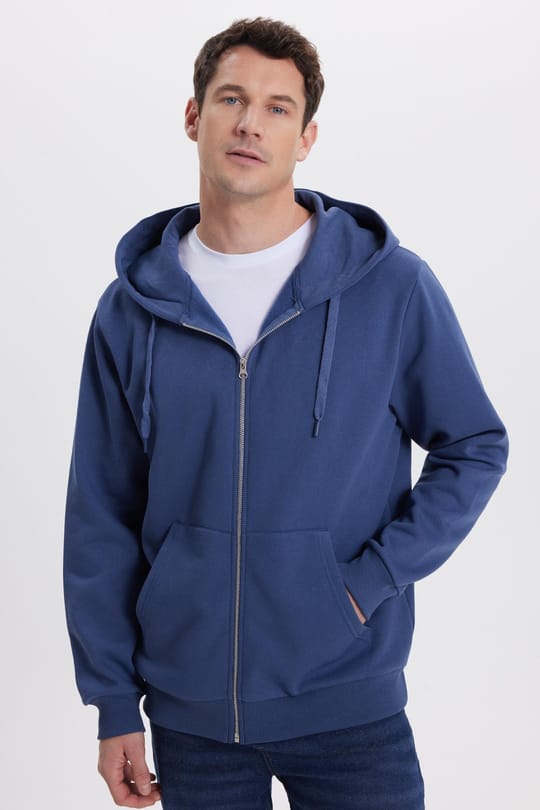 Unisex Relax Fit Rahat Kesim Pamuklu İçi Polarlı Çift Cepli Tam Fermuarlı İndigo Kapüşonlu Sweatshirt