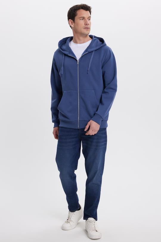 Unisex Relax Fit Rahat Kesim Pamuklu İçi Polarlı Çift Cepli Tam Fermuarlı İndigo Kapüşonlu Sweatshirt
