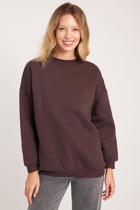 Kadın Oversize Geniş Kesim Pamuklu 3 İplik Bisiklet Yaka Kahverengi Sweatshirt