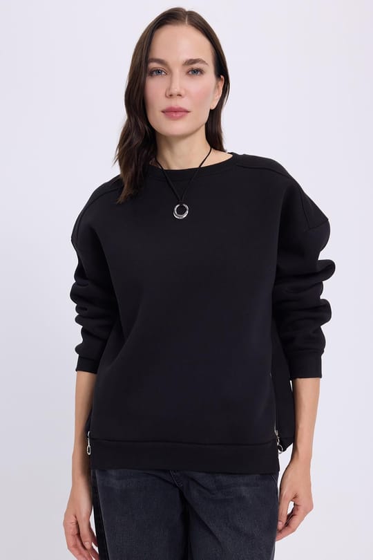 Kadın Oversize Geniş Kesim Pamuklu 3 iplik Bisiklet Yaka Siyah Sweatshirt