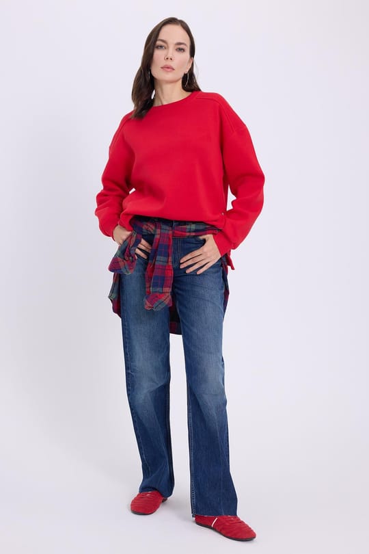 Kadın Oversize Geniş Kesim Pamuklu 3 iplik Bisiklet Yaka Kırmızı Sweatshirt