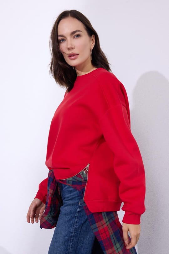 Kadın Oversize Geniş Kesim Pamuklu 3 iplik Bisiklet Yaka Kırmızı Sweatshirt