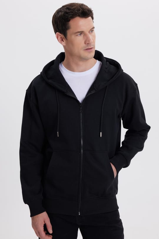 Erkek Relax Fit Rahat Kesim Pamuklu Tam Fermuarlı Kanguru Cepli Sırt Çantalı Siyah Sweatshirt