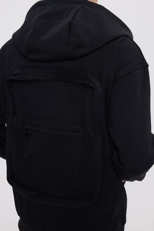 Erkek Relax Fit Rahat Kesim Pamuklu Tam Fermuarlı Kanguru Cepli Sırt Çantalı Siyah Sweatshirt