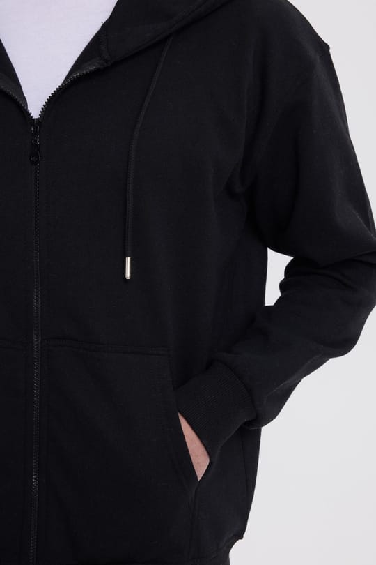Erkek Relax Fit Rahat Kesim Pamuklu Tam Fermuarlı Kanguru Cepli Sırt Çantalı Siyah Sweatshirt
