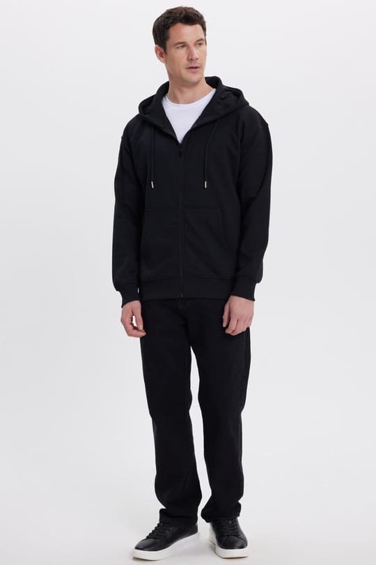 Erkek Relax Fit Rahat Kesim Pamuklu Tam Fermuarlı Kanguru Cepli Sırt Çantalı Siyah Sweatshirt