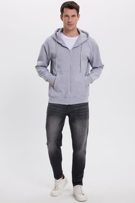 Erkek Relax Fit Rahat Kesim Pamuklu Tam Fermuarlı Kanguru Cepli Sırt Çantalı Gri Sweatshirt