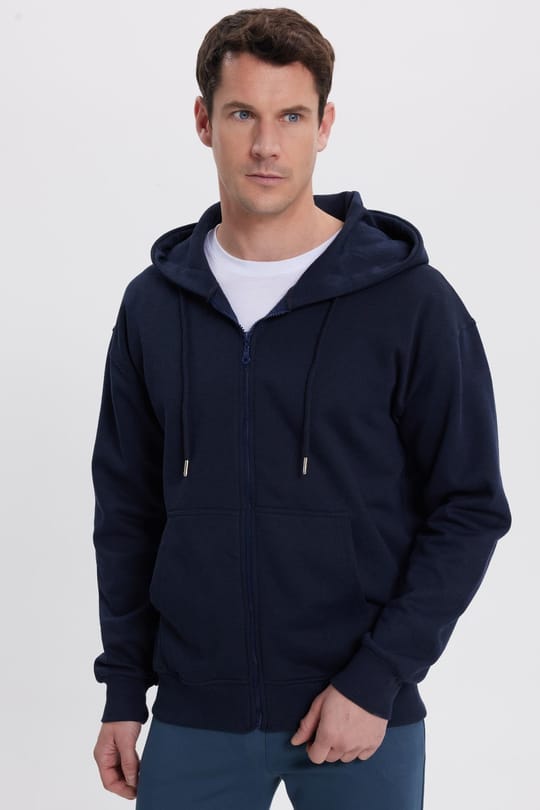 Erkek Relax Fit Rahat Kesim Pamuklu Tam Fermuarlı Kanguru Cepli Sırt Çantalı Lacivert Sweatshirt