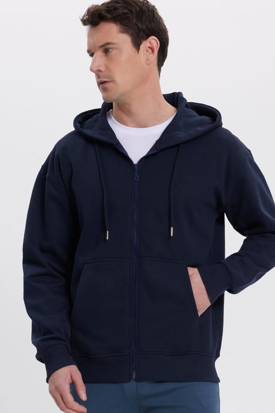Erkek Relax Fit Rahat Kesim Pamuklu Tam Fermuarlı Kanguru Cepli Sırt Çantalı Lacivert Sweatshirt