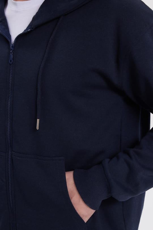 Erkek Relax Fit Rahat Kesim Pamuklu Tam Fermuarlı Kanguru Cepli Sırt Çantalı Lacivert Sweatshirt