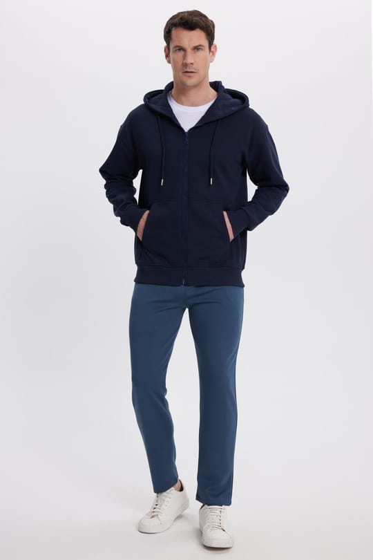 Erkek Relax Fit Rahat Kesim Pamuklu Tam Fermuarlı Kanguru Cepli Sırt Çantalı Lacivert Sweatshirt