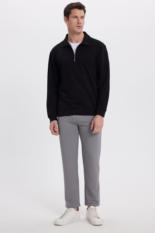 Erkek Relax Fit Rahat Kesim Pamuklu 3 İplik Fermuarlı Polo Yaka Siyah Sweatshirt