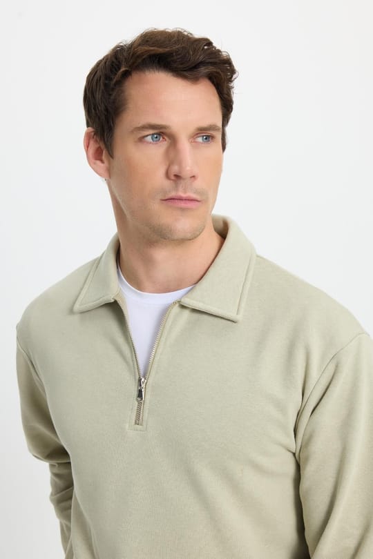 Erkek Relax Fit Rahat Kesim Pamuklu 3 iplik Fermuarlı Polo Yaka Bej Sweatshirt