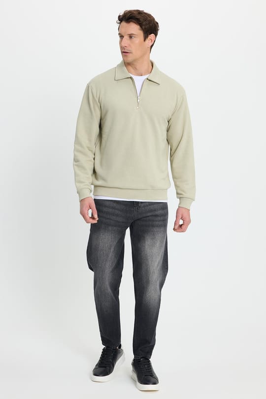Erkek Relax Fit Rahat Kesim Pamuklu 3 iplik Fermuarlı Polo Yaka Bej Sweatshirt