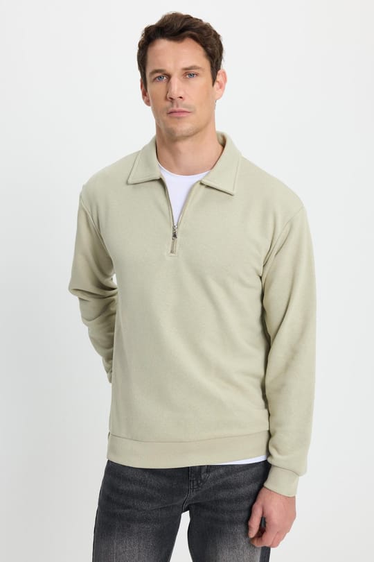Erkek Relax Fit Rahat Kesim Pamuklu 3 iplik Fermuarlı Polo Yaka Bej Sweatshirt