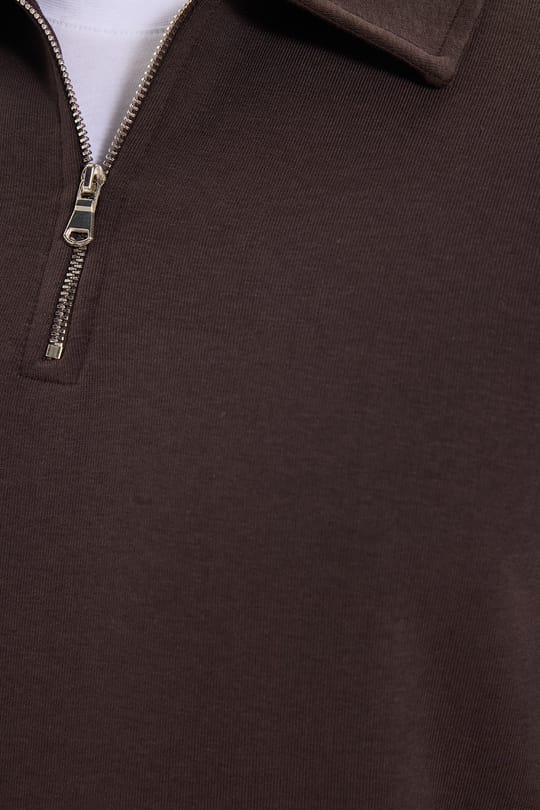 Erkek Relax Fit Rahat Kesim Pamuklu 3 İplik Fermuarlı Polo Yaka Kahverengi Sweatshirt